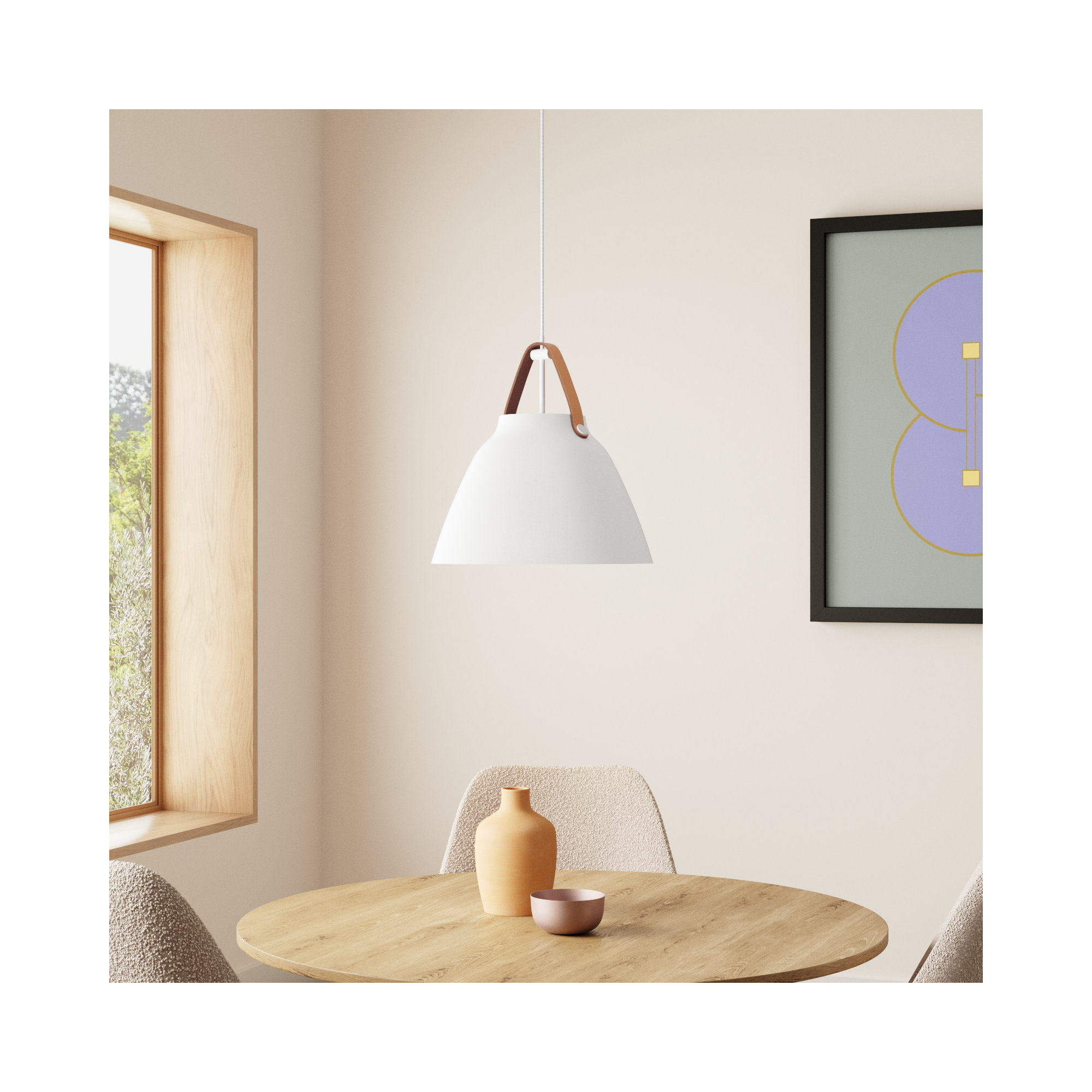 Gianni Single Light Metal Dimmable Pendant, 17.75" H x 19" W x 19" D, Tan Leather/White