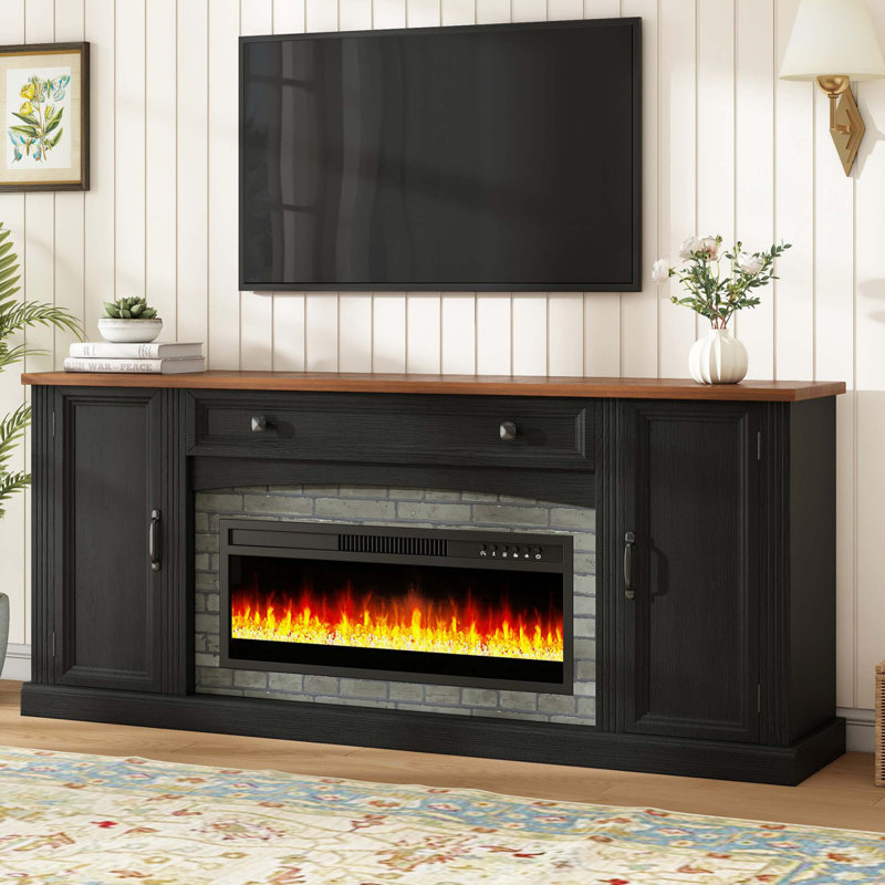 Meuble télé chauffant avec foyer électrique et rangement réglable, Noir; noyer