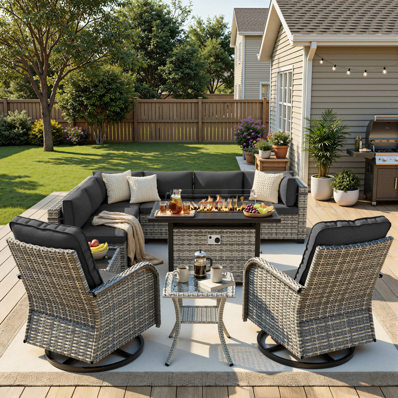 Ensemble de conversation pour patio 11 pièces avec foyer au propane, canapé modulaire en osier 7 pièces et table basse, 2 chaises berçantes pivotantes et table d'appoint