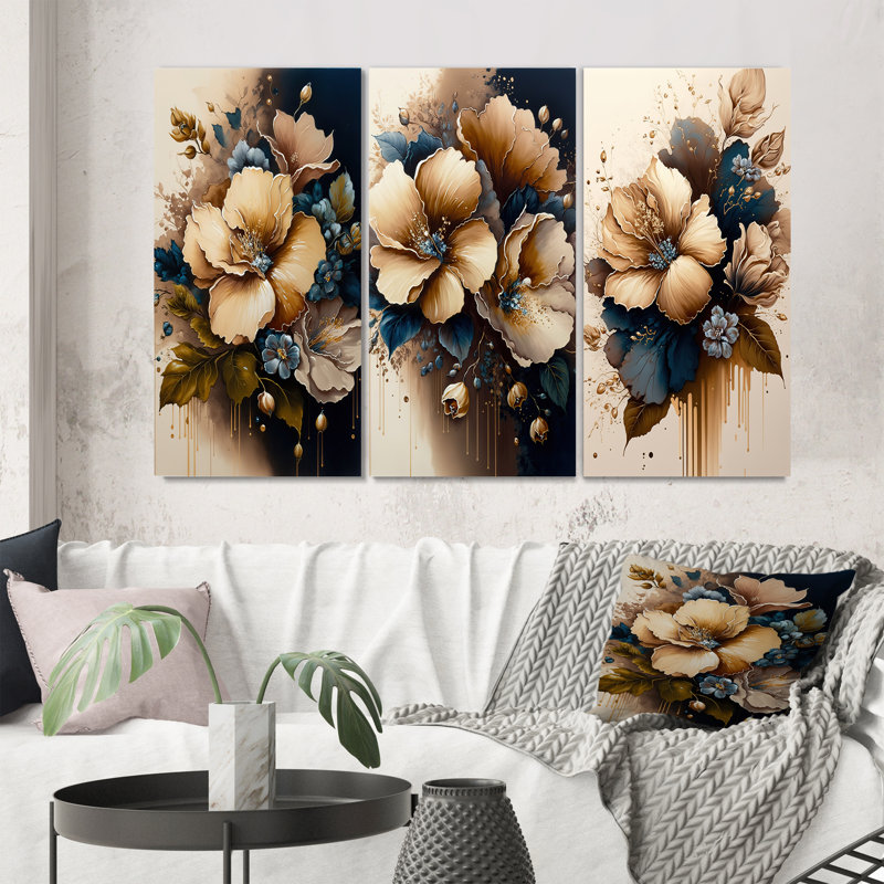 Bouquet d'hibiscus brun et bleu - ensemble d'art floral et botanique de 3 pièces, Toile tendue, H 28 po x l 36 po