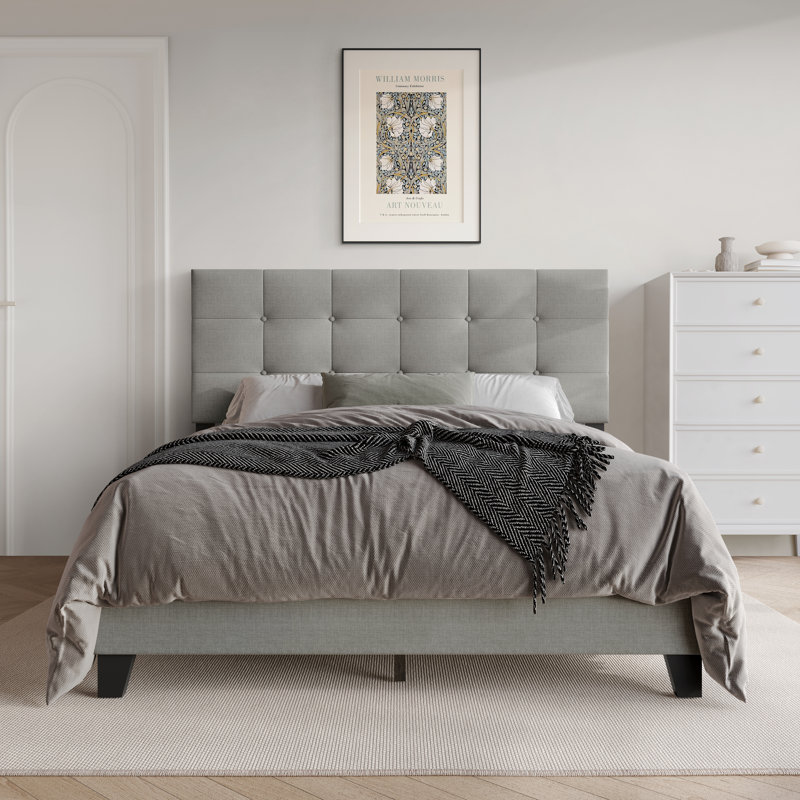 LIT PLEINE PLATE-FORME EN LIN GRIS CLAIR, Gris clair, Lit double