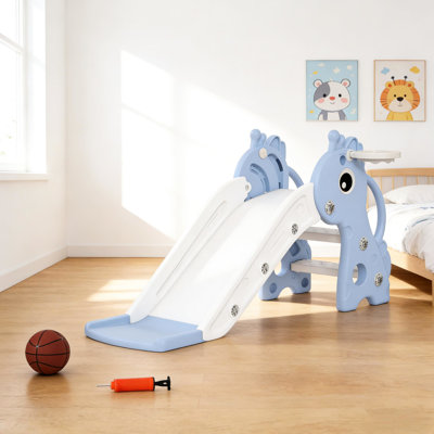 Glissade autoportante sur le thème de la girafe, grimpeur, cerceau, matériau, caractéristiques antidérapantes, rampes latérales pour le soutien, 1 an et plus approuvé, bleu et blanc, glissière à montage rapide