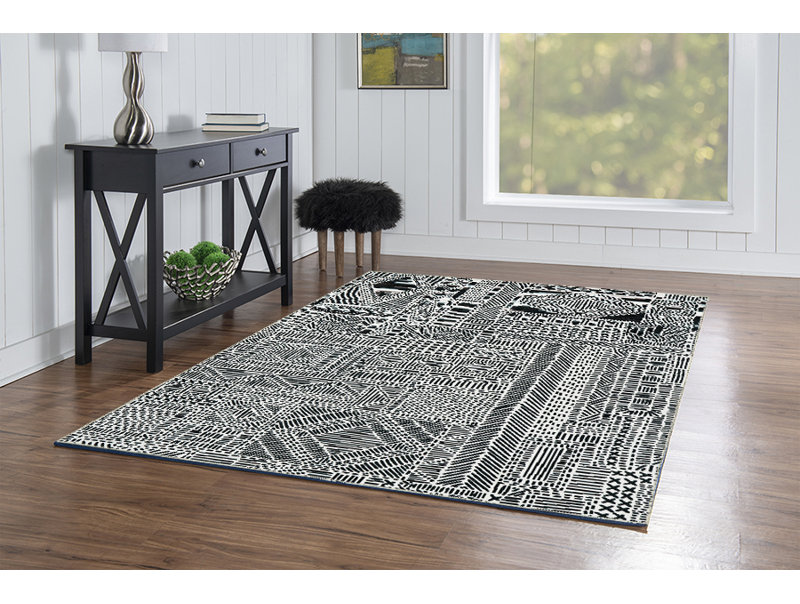 Joris Machine Washable Ivory and Black Area Rug, Rectangle 5' x 7'