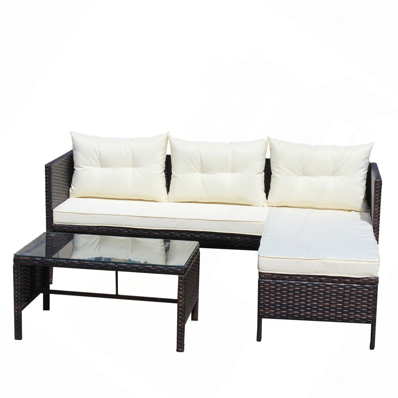 Outdoor Patio Furniture Sets 3 Piece Conversation Set Wicker Ratten Sectional Sofa With Seat Cushions, White