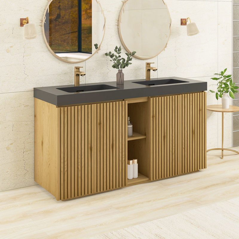 Ensemble de meuble-lavabo autoportant 59,5 po avec comptoir en quartz 59,5 po, Light Oak