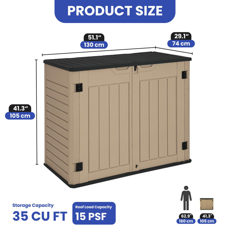 Outdoor Polyethylene Plastic Horizontal Storage Shed, 41.30" H x 51.10" W x 29.10" D , Black/Khaki