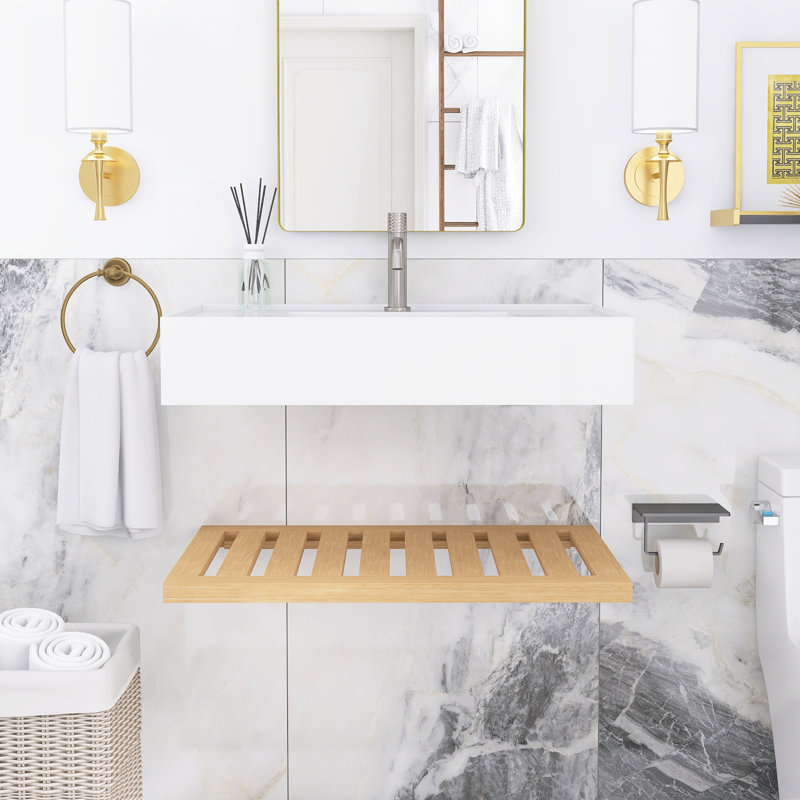 29,53 po X P 18,11 po P 8,15 po Meuble-lavabo mural simple H en bois naturel avec acrylique blanc