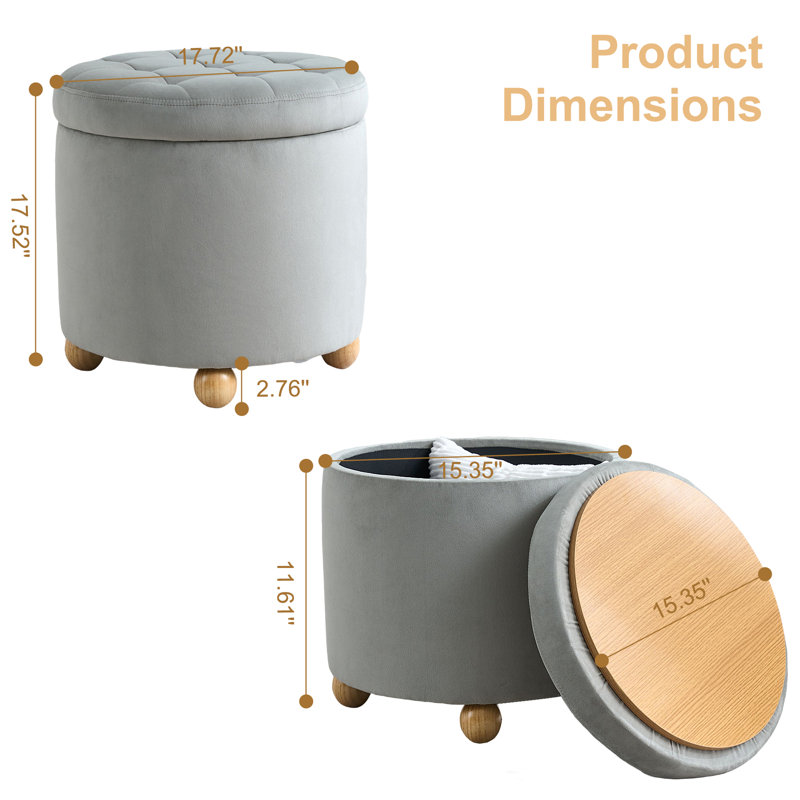 Upholstered Round Storage Ottoman, Tufted Velvet Ottoman, Footrest Stool with Tray, Gray