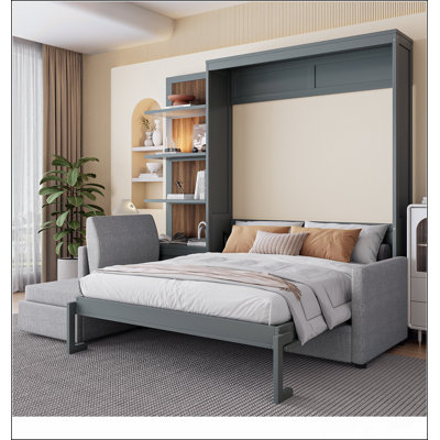 Grand lit escamotable mural avec canapé et tablettes, gris