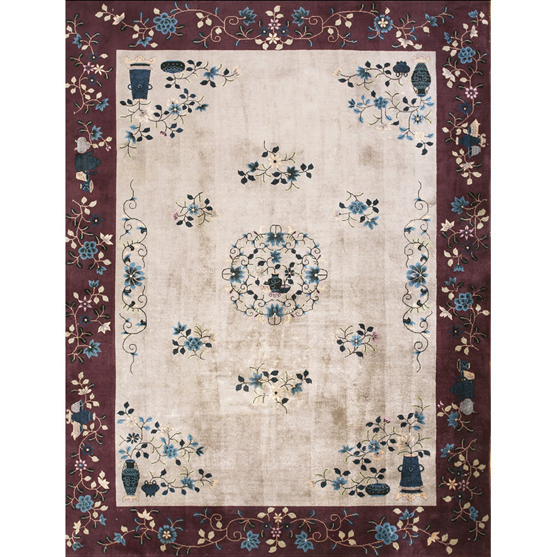Rectangle 1920s Knotted Room Size Ivory Wool Chinese Antique - Art Deco Rug