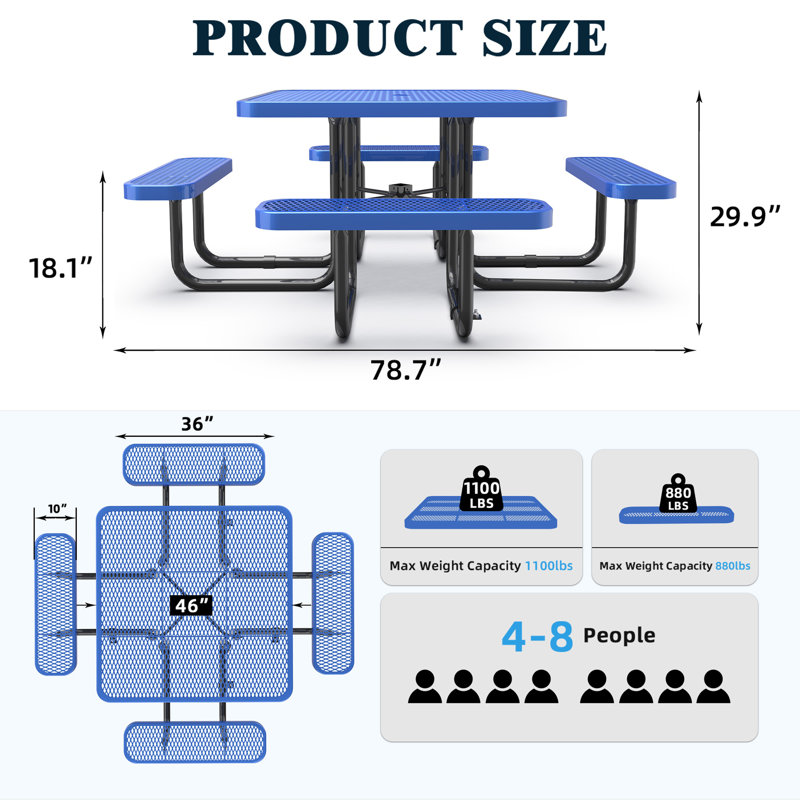 Table de pique-nique carrée 46 po avec fente pour parasol, Bleu