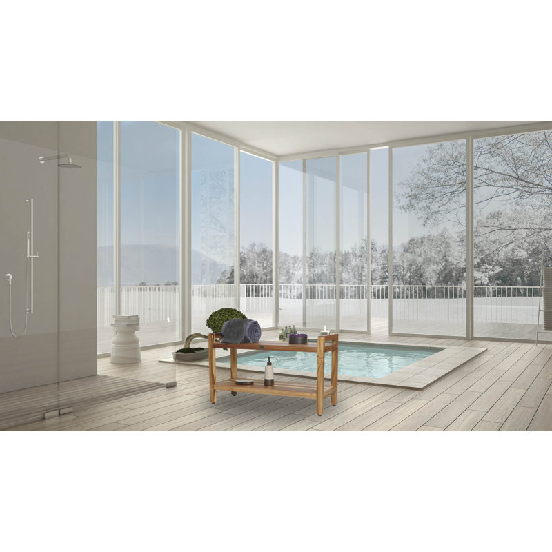 Banc de douche en teck EcoDecors l 35 po Classic, avec tablette intégrée, avec accoudoirs LiftAid, en teck terreux 