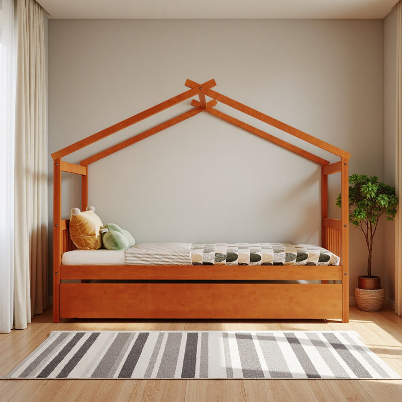 Wooden House Bed With Trundle, Twin, Walnut