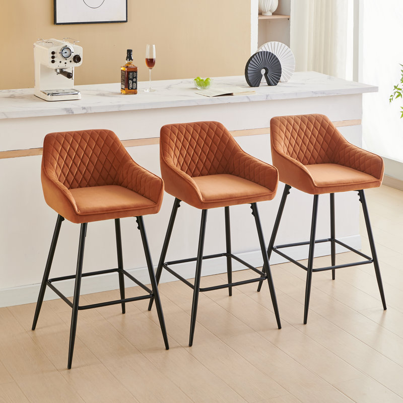 Upholstered Counter Stool with Metal Frame, Orange Velvet