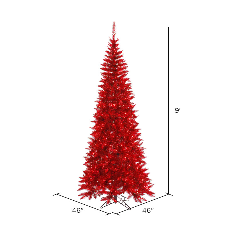 Red Tinsel Artificial Christmas Tree with LED Lights, 9' H, Pre-Lit