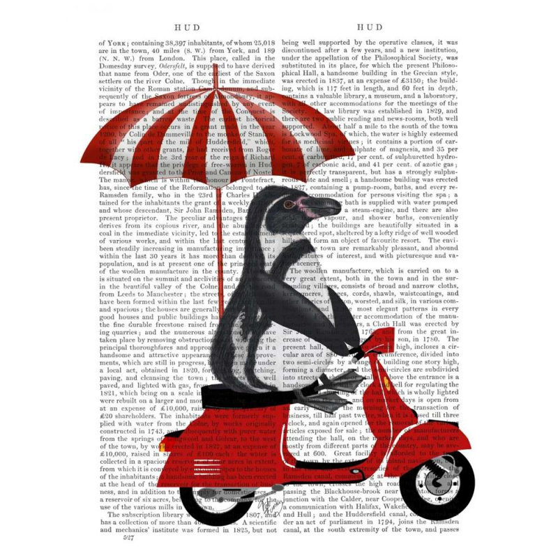 Trinx Fab Funky Gallery Wrapped Canvas Art Titled: Penguin On Red Moped, 44" H x 36" W