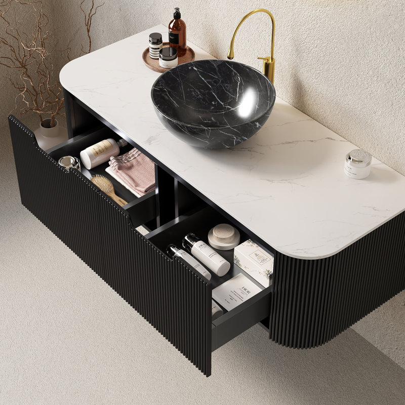 Meuble-lavabo de salle de bain 48 po avec lavabo, meuble-lavabo mural à bords arrondis et courbes avec 2 tiroirs, lavabo bol en céramique noir avec motif de pierre