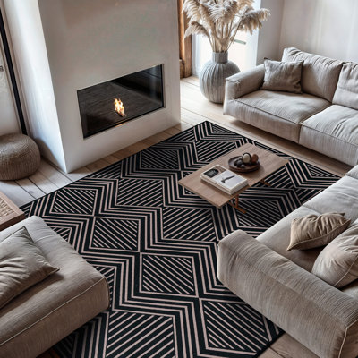 Chevron Diamond Black Machine Washable Polyester Non-Slip Backing Area Rug