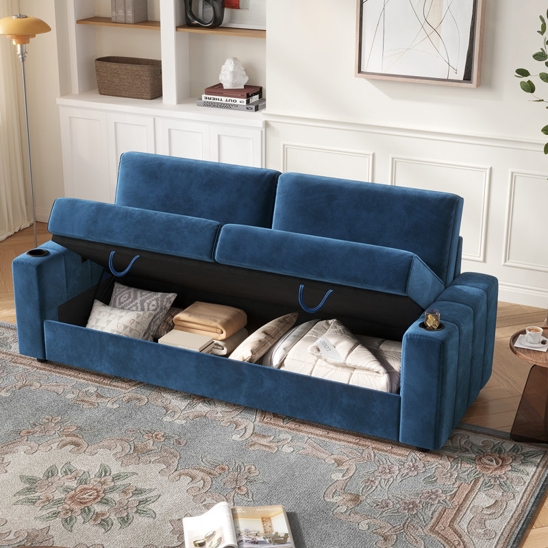 88" Velvet Square Arm Sofa with Storage, Deep Seat Sofa with USB Charging Ports & Cup Holders, Light Gray