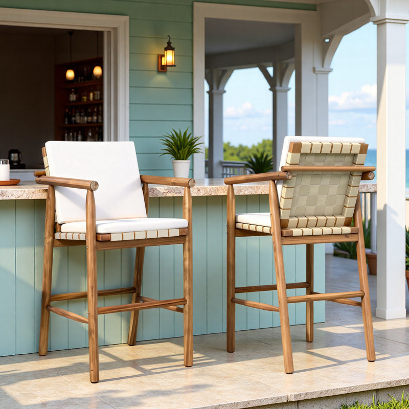 Set Of 2 Outdoor Bar Stools Chair With Backrest Arm And Webbing Seat