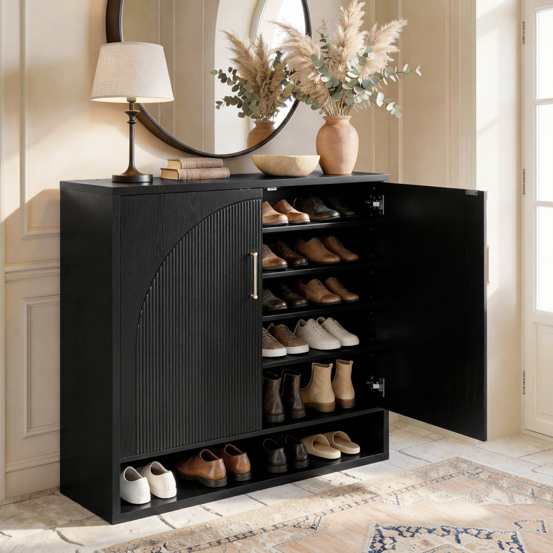 30-Pair Fluted Shoe Storage Cabinet, Black
