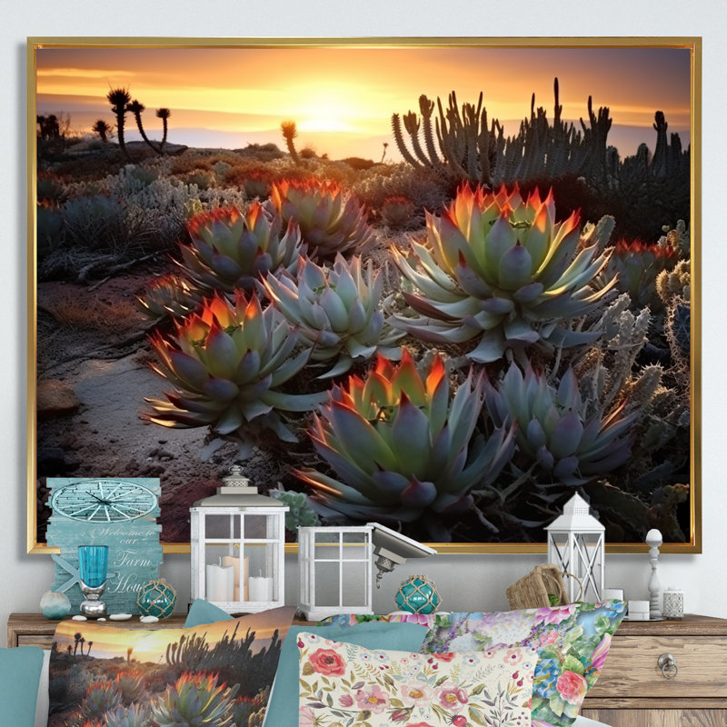 «Succulent Desert Cactus Field Burning Sunset III» - Art mural succulent, Cadre flottant doré, H 16 po x l 32 po x P 1 po