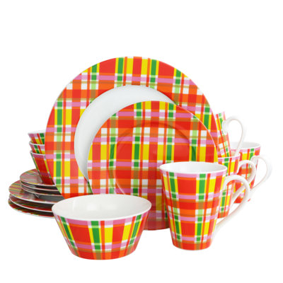 Gibson Home Oui by French Bull Multi Plaid 16 Piece Dinnerware Set, Service for 4