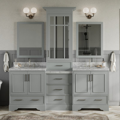 Stafford 85 " W Freestanding Standard 2 Double Vanity Bathroom Vanity With Carrara Marble Top with Mirror