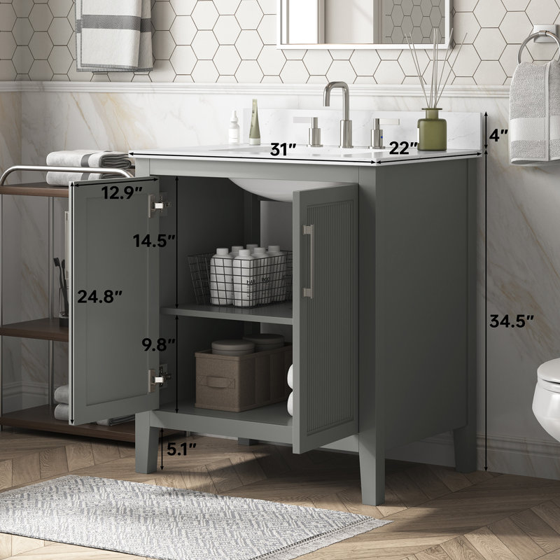 Meuble-lavabo autoportant transitionnel gris 30 po Piano avec comptoir en quartz et lavabo simple