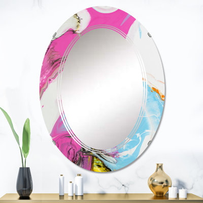 Rose rose, bleu et jaune liquide Art IV - miroir mural moderne ovale