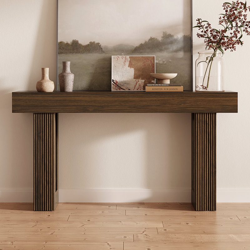 63" Ribbed Fluted Console Table, Mid-century Modern, Brown Oak, Walnut