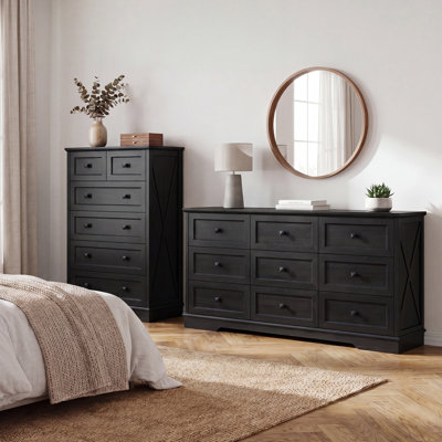 Ensemble de meubles de chambre à coucher 2 pièces avec commode à 6 tiroirs et commode à 9 tiroirs Merrell Farmhouse