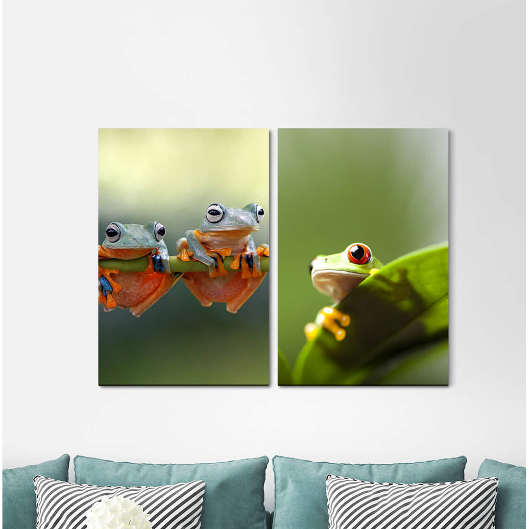 2-tlg. Leinwandbilder-Set - Fotografie „Frogs Branch Green Leaf Nature Friendly Chill Jungle”