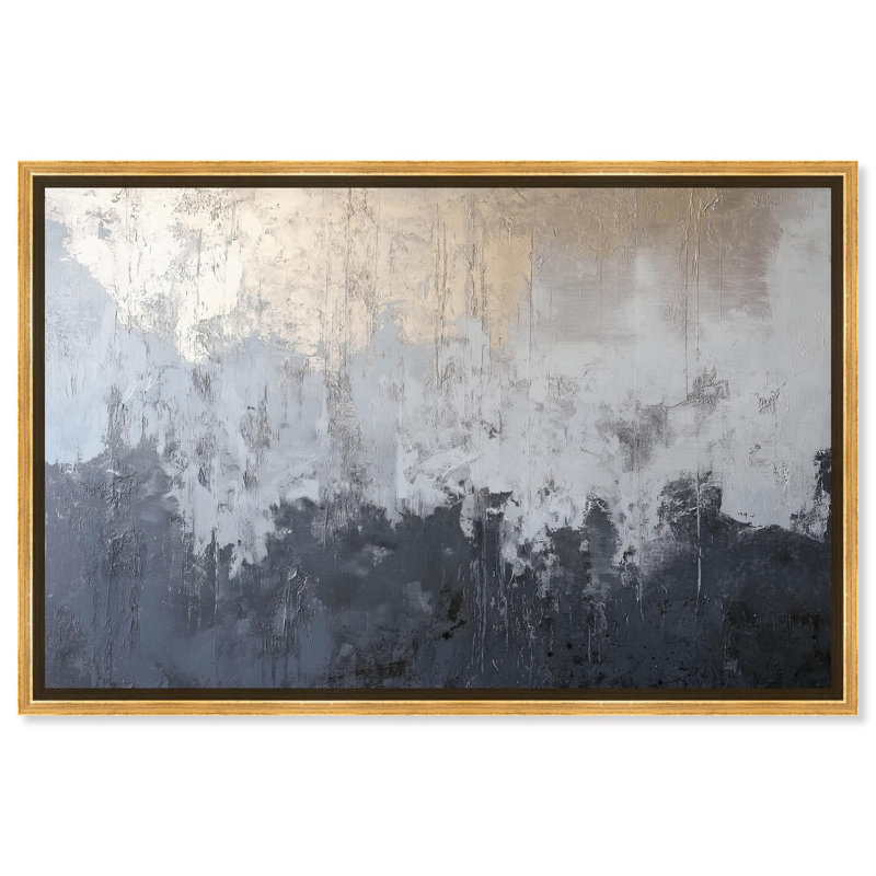 «Silvered Layers», art abstrait bleu par Art Remedy, H 25 po x l 37 po, Cadre doré
