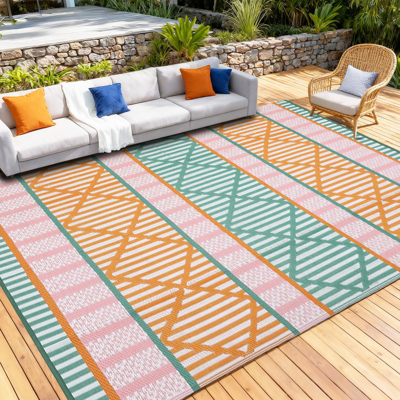Outdoor Area Rug 9' x 12', Reversible Woven Polypropylene with Waterproof Finish, Geometric Pattern Patio Mat for Deck, Porch, Backyard or Beach