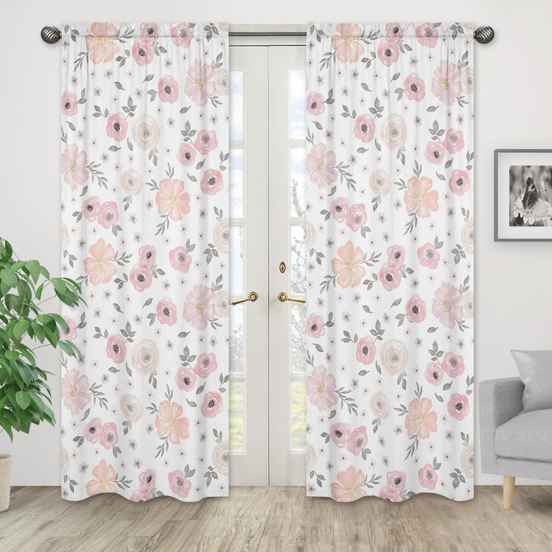 Paire de rideaux semi-transparents avec passe-tringle Watercolor, Blanc / Rose