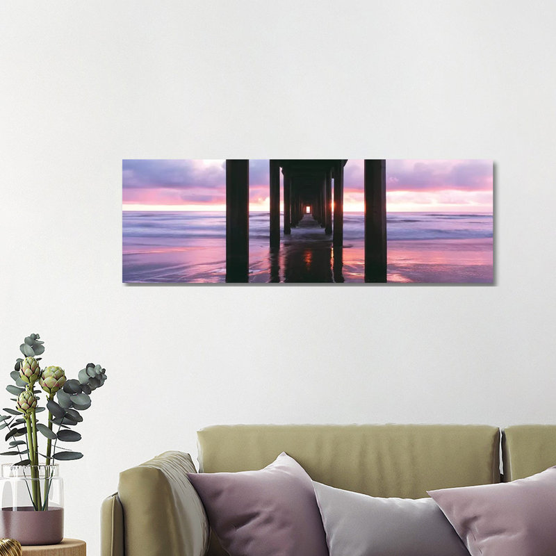 Sunrise over the Pacific Ocean Seen From Under Scripps Pier, La Jolla Shores Beach, La Jolla, San Diego County, California, USA 1 Piece Wrapped Canvas Panoramic Wall Art