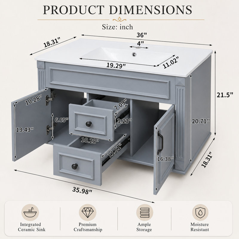 Meuble-lavabo mural 36 po avec lavabo en céramique Mavessa, Gris