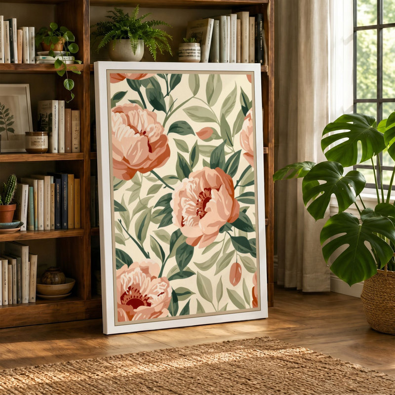 Scattered Peonies Botanical - Wrapped Canvas, 36x24 - 91.4 x 61.0 cm, Taupe Border