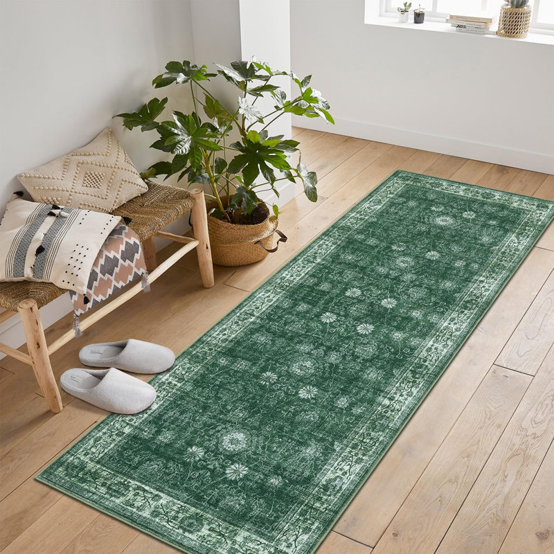 Tapis d'intérieur lavable imprimé à motif floral antidérapant à poils courts pour tapis de salle de bain vert 2 x 6 pi, Green