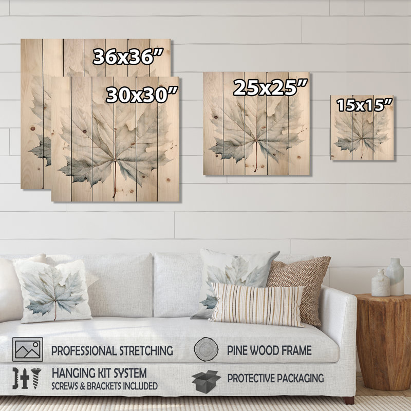 Feuille de sycomore argentée I - feuilles, art mural sur bois de pin naturel, H 15 po x l 15 po