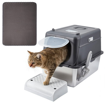 Stainless Steel Covered Cat Litter Box with Lid, Large Enclosed Top or Front Entry Box with Scoop & Mat