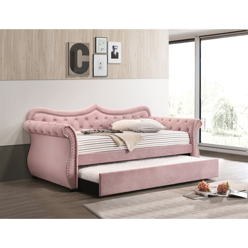 Lit de jour en velours rose avec couchette Adkins, Rose