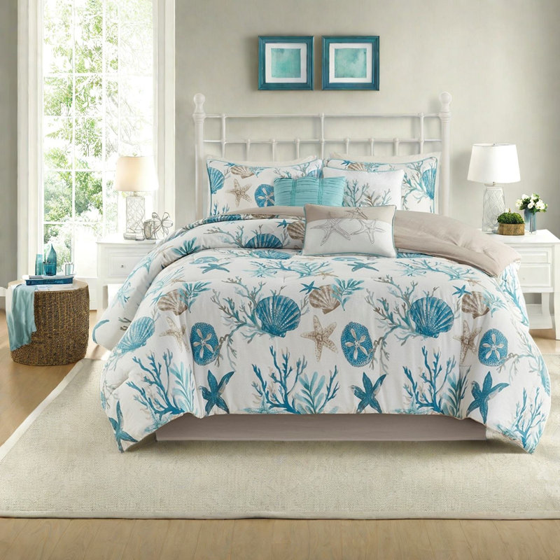 Ensembles de literie en satin de coton luxueux, design côtier turquoise pour très grand californien