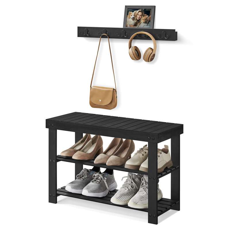 Coat Rack Shoe Bench Set, Black