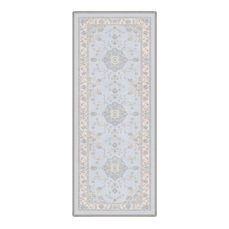 Abadou Floret Vintage Floral Medallion Machine Washable Beige / Blue Indoor Area Rug with Non-Slip Backing, Runner 2' x 7'