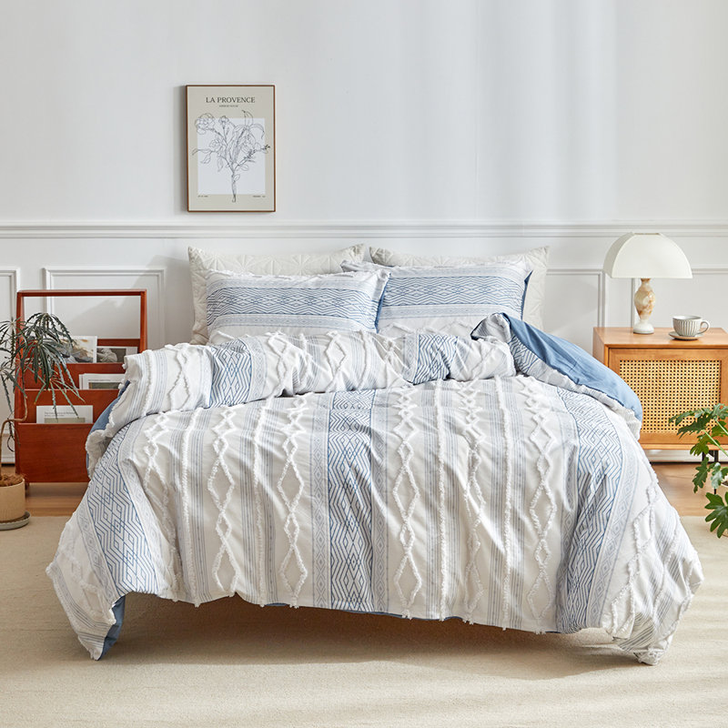  3-Piece Microfiber Tufted Chenille Duvet Cover Set, King Duvet Cover + 2 Standard Pillowcases, Blue