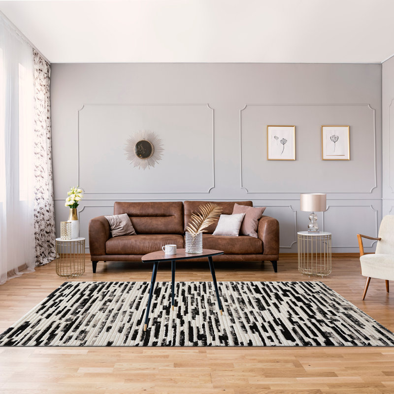 Wrought Studio Morium Eden Beige/Black Stripe Indoor Polyester Area Rug, Rectangle 5'2.99" x 7'2.61"