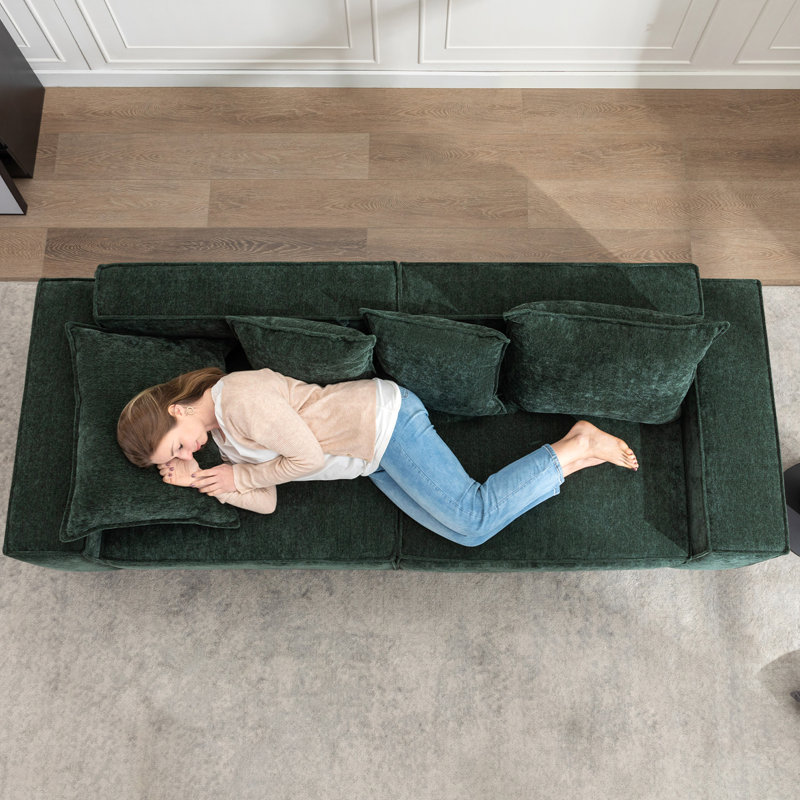 Makassar 89.37' Sofa with Square Armrests, Green Shearling