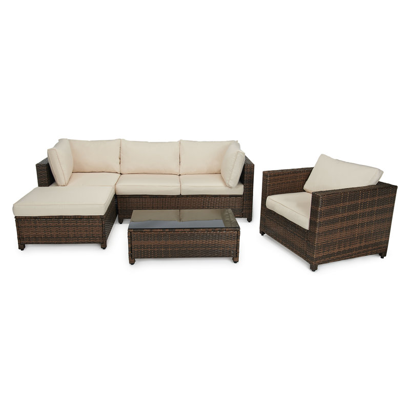 Ensemble de conversation modulaire en rotin avec coussins 4 pièces Acree, Structure brune / coussin beige